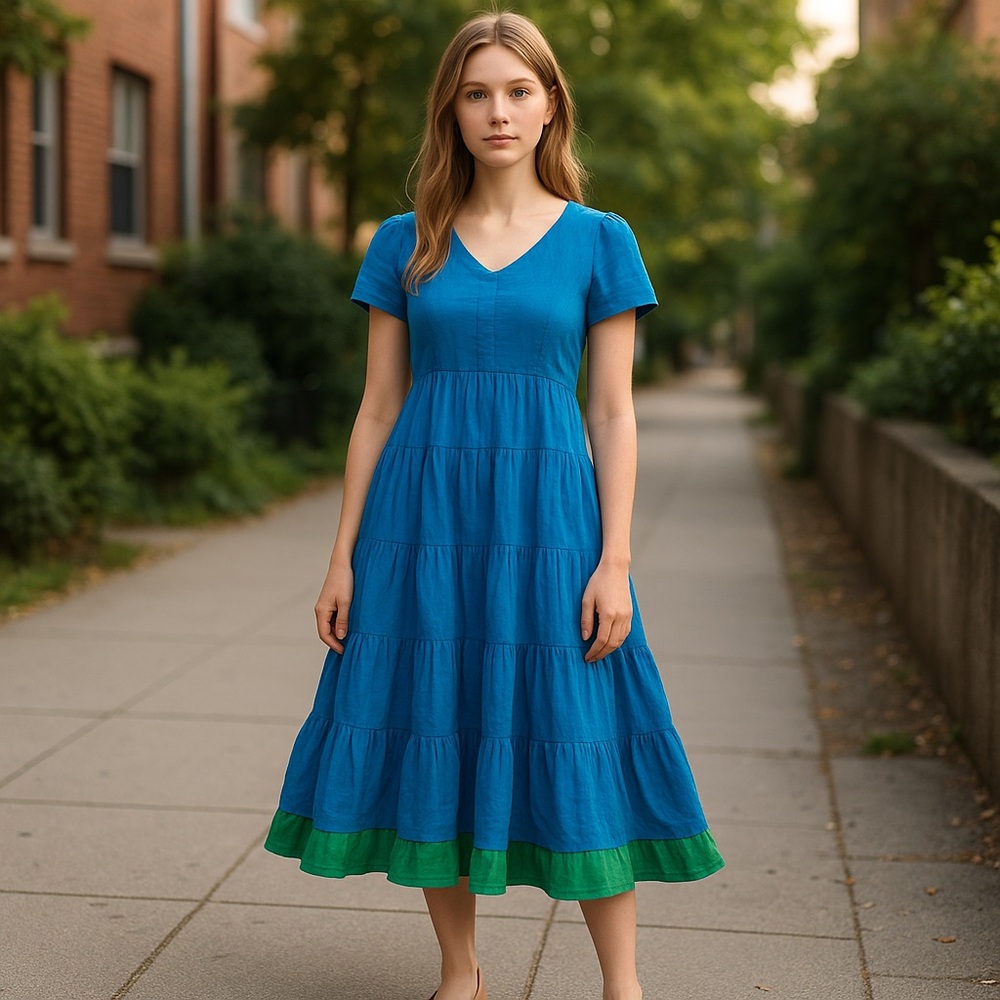 NWT Paragon 100% Cotton Aqua Blue Reversible Green Bohemian Cottage Dress L